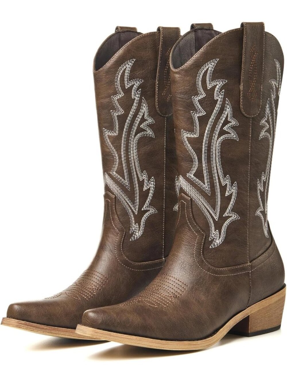 〽️Women's Mid-Calf Cowgirl Boots Chestnut Brown Leather Block Heel Embroidered